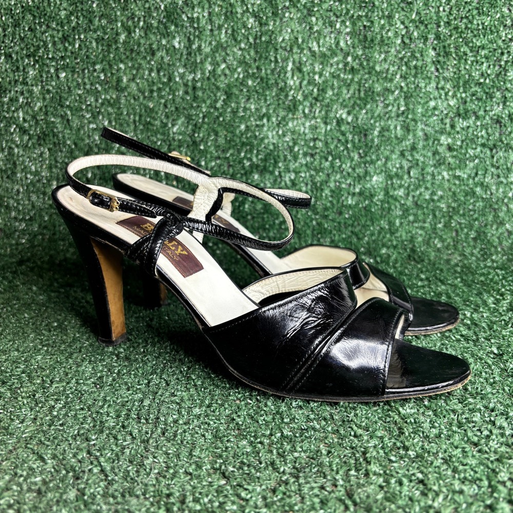 Bally Slingback Patent Leather Strappy Stiletto Heel Sandal Black Womens Size 9